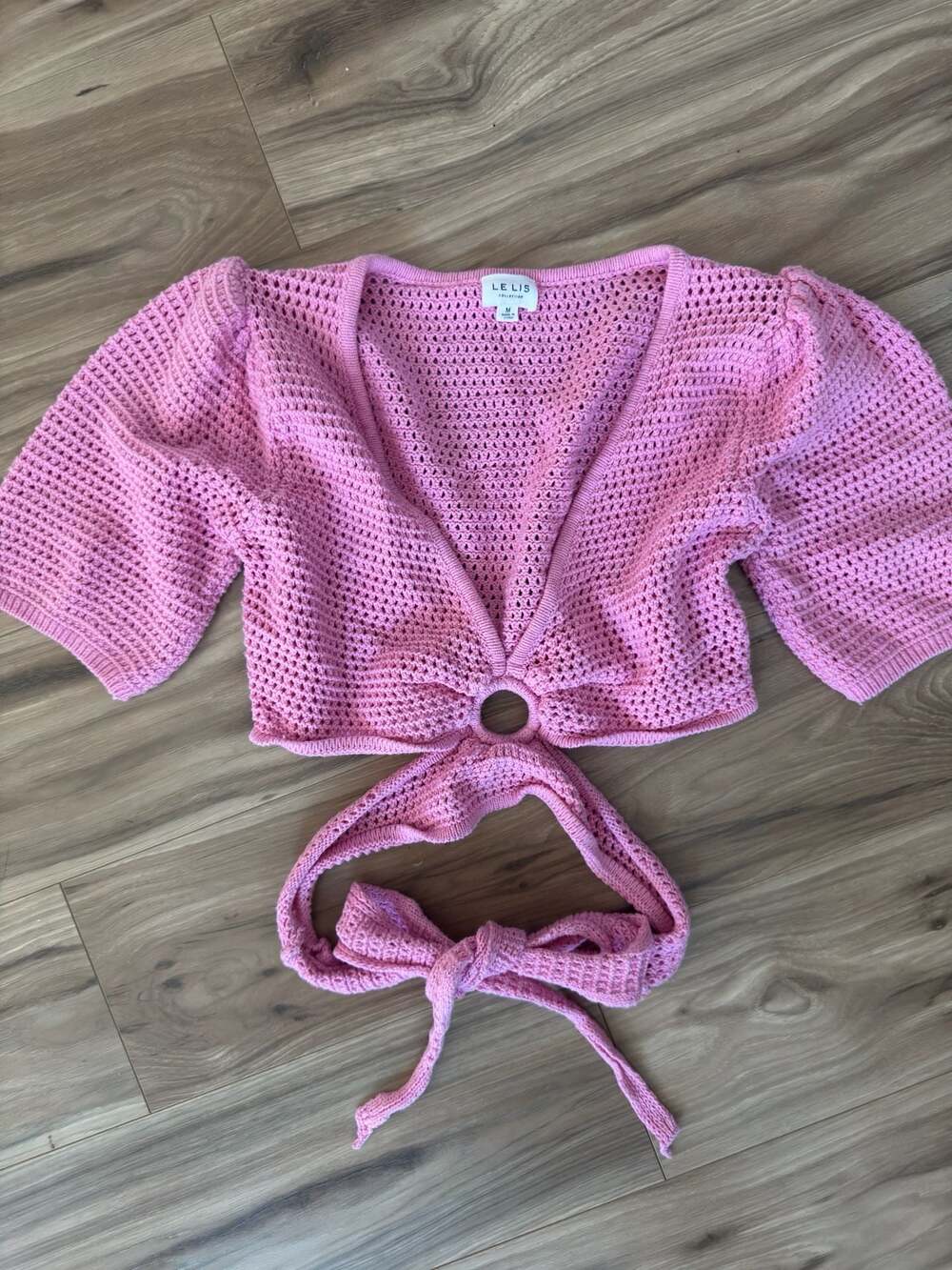 Le Lis Collection Pink Crochet Knit Tie-Front Short Sleeve Crop Top